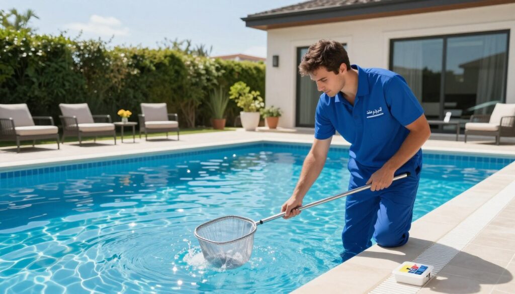 A professional pool maintenance service scene set in a bright, sunny environment. In the foreground, a skilled technician in a clean blue uniform is inspecting a sparkling swimming pool, using high-quality tools like a net and water test kit. The middle ground features the pool surrounded by lush greenery and elegant patio furniture, creating a relaxing atmosphere. In the background, a modern villa with large windows reflects the clear sky, adding sophistication to the setting. Use natural lighting to highlight the vibrant colors of the pool water and the sun's glint. The overall mood should convey professionalism and care, showcasing the services of "البروج المتحدة". The angle is slightly elevated to capture both the technician's work and the beautiful surroundings, creating an inviting image of pool maintenance excellence.
